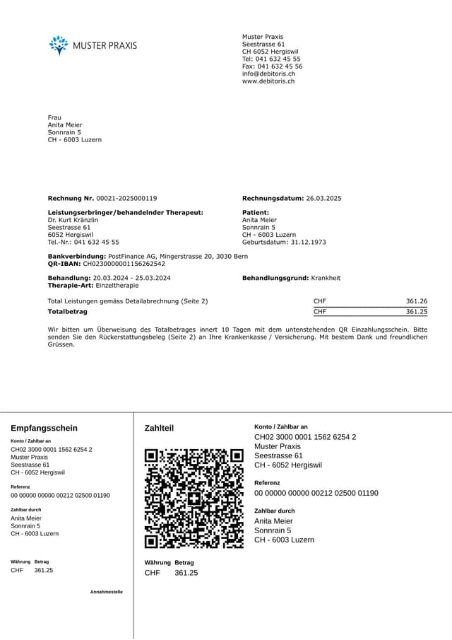 PRAXSYS Rechnung mit Schweizer QR-Einzahlungsschein