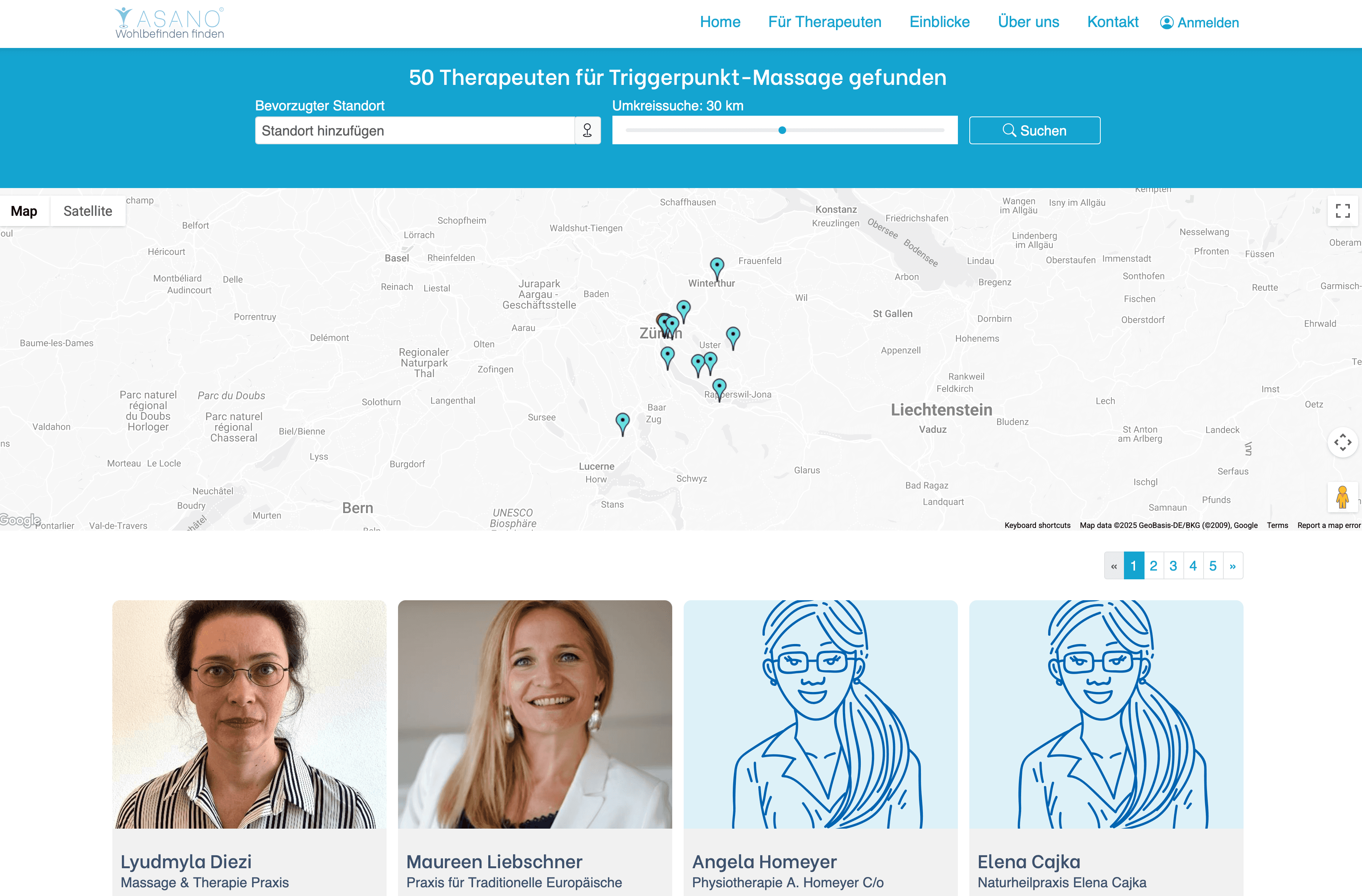 Asano Karte mit Suchergebnissen für Therapie in der Schweiz