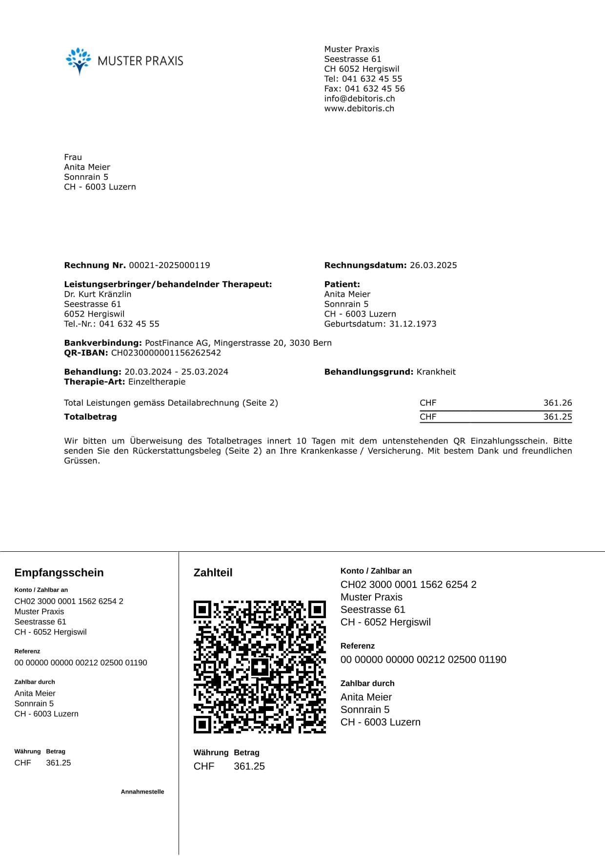 PRAXSYS Rechnung mit Schweizer QR-Einzahlungsschein
